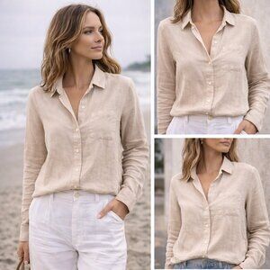 Jones & Co 100% Linen Shirt Women’s M Beige Casual Lightweight Summer